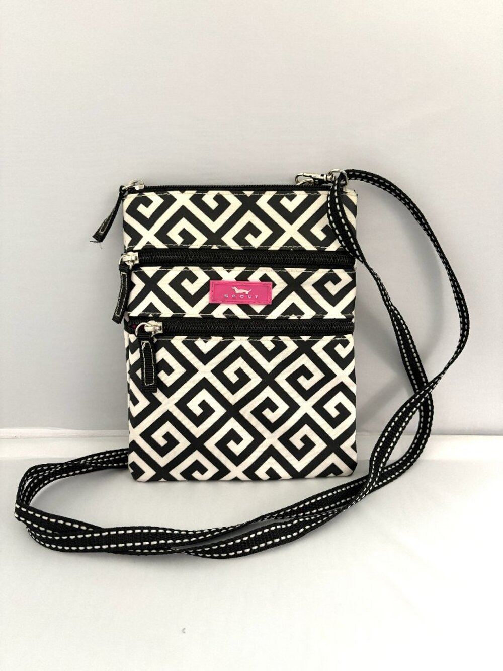 Scout Sally Crossbody Purse Black White with Pink Logo